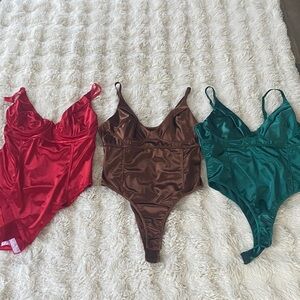 Elegant Satin Bodysuit Set - Red, Brown, Green